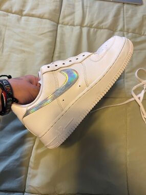 White Women's NIKE Air Force One Low-Top Sneaker with Iridescent Swoosh